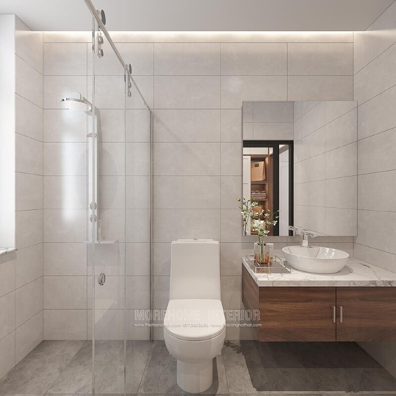 Bạn đang tìm kiếm mẫu thiết kế phòng tắm đẹp, sang trọng gam màu xám cùng chất liệu gỗ óc chó thì ý tưởng thiết kế nội thất phòng tắm tại biệt thự Vinhomes Imperia Hải Phòng là một gợi ý khá ấn tượng Mẫu nội thất biệt thự đẹp