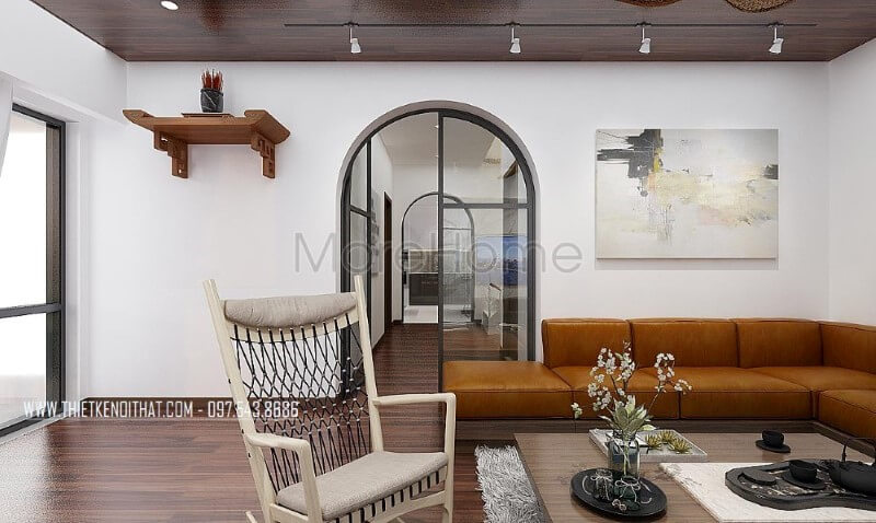 Phòng khách biệt thự, nhà phố mang vẻ đẹp hiện đại sang trọng với thiết kế sofa góc khối vuông vắn được bọc da nâu cao cấp đầy ấn tượng. Thiết kế phòng khách biệt thự