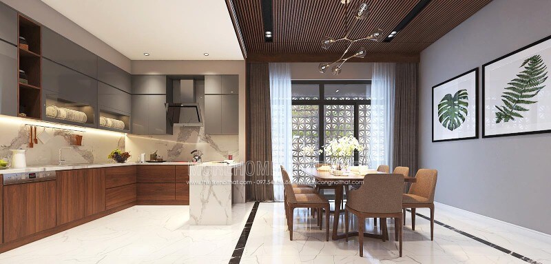 Bố trí nội thất phòng bếp liền phòng ăn đẹp, hiện đại, sang trọng cho biệt thự, nhà phố tại Vinh, Nghệ An. Thiết kế phòng bếp, tủ bếp đẹp