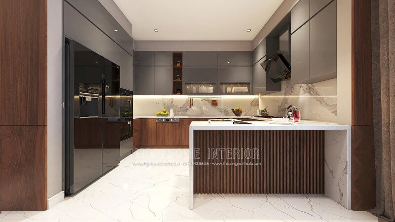 Trang trí nội thất phòng bếp độc đáo từ gỗ An Cường cao cấp kết hợp cùng đá ốp bếp sang trọng. Thiết kế phòng bếp, tủ bếp đẹp