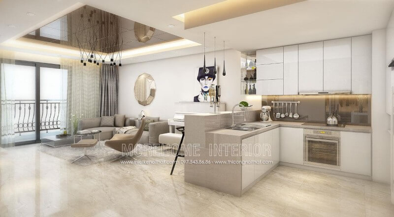 Ở căn hộ chung cư nhỏ này, KTS đã giới thiệu tói gia chủ mẫu tủ bếp gỗ công nghiệp tận dụng được tối đa mọi góc khuất của căn phòng, tạo cảm giác thoáng đãng và rộng rãi hơn Thiết kế tủ bếp đẹp