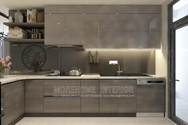 Thiết kế nội thất tủ bếp chung cư Discovery Complex tại Hà Nội gỗ Acrylic và ấn tượng Thiết kế tủ bếp đẹp