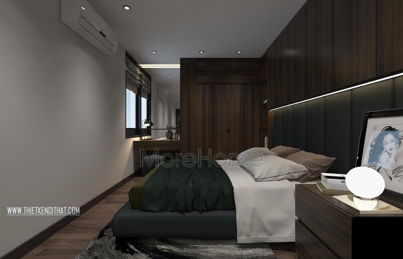 Nội thất phòng ngủ master tại căn hộ chung cư 2 phòng ngủ được thiết kế thi công theo phong cách hiện đại với tông màu trầm ấm áp Mẫu nội thất chung cư