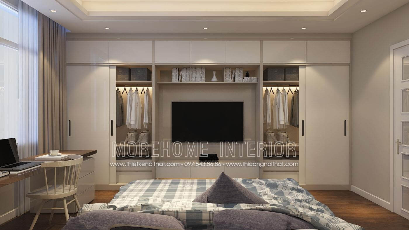 Sự kết hợp hoàn hảo giữa tủ áo và kệ tivi, tinh tế và không nhàm chán, cánh cửa lùa phù hợp với phòng ngủ chung cư, làm cho không gian phòng ngủ thoáng và cảm giác rộng hơn rất nhiều Mẫu nội thất chung cư