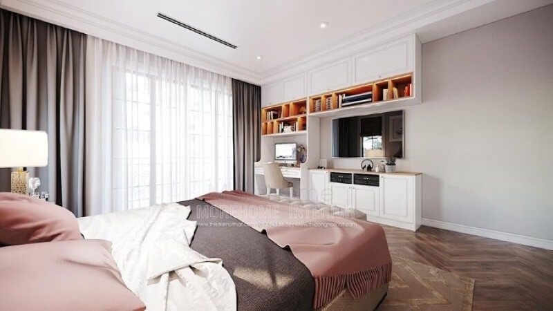 Thiết kế nội thất góc học tập trong phòng ngủ của con đẹp ấn tượng theo phong cách đương đại.