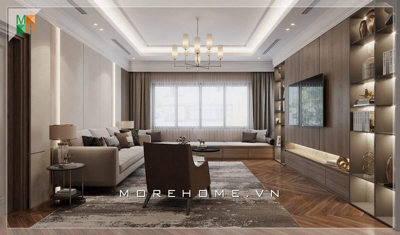 Kệ tivi kết hợp ốp tường và kệ sách kiểu dáng hiện đại sang trọng từ gỗ óc chó cao cấp
