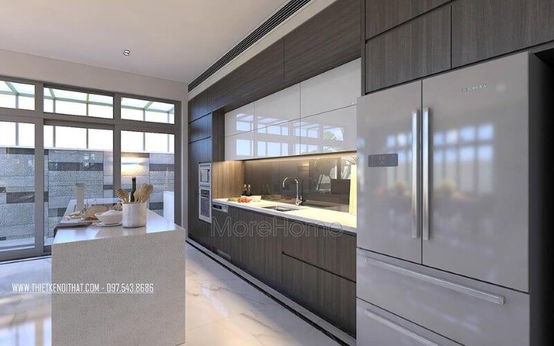 Trang trí nội thất phòng bếp hiện đại, sang trọng từ tủ bếp gỗ công nghiệp acrylic đồng màu cùng đá ốp cao cấp.