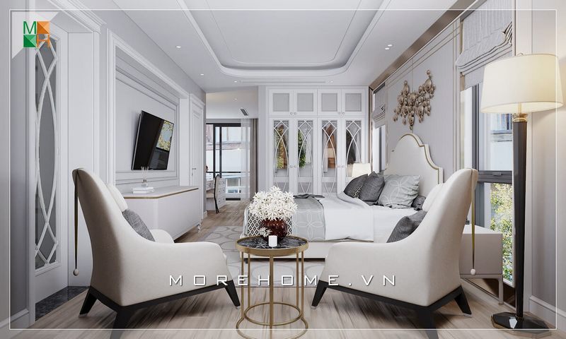 Nội thất phòng ngủ được thiết kế theo phong cách tân cổ điển sang trọng và cao cấp phù hợp với biệt thự.