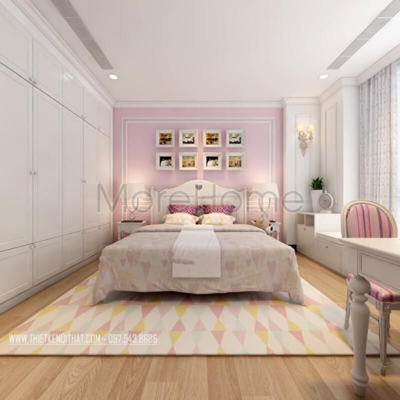 Phòng ngủ con chung cư cao cấp được trang trí với gam màu hồng phấn làm chủ đạo.