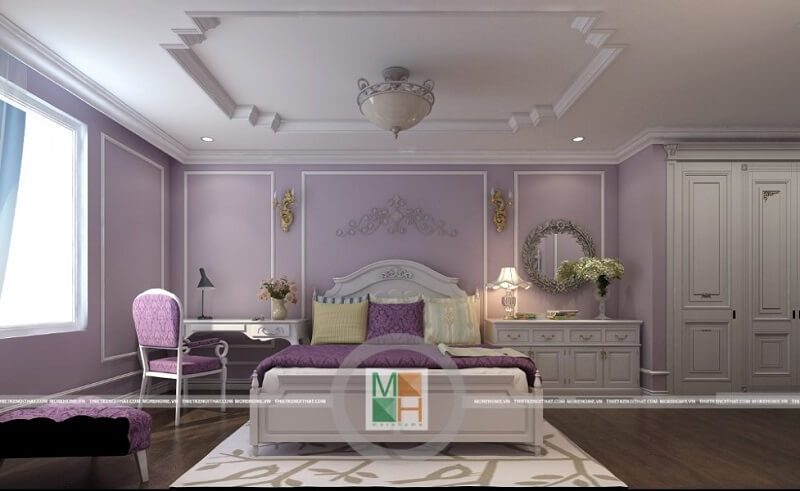 Mẫu thiết kế nội thất phòng ngủ tân cổ điển dành cho chung cư Mandarin có tông màu tím làm nổi bật, khiến mọi ánh nhìn bị lôi cuốn.