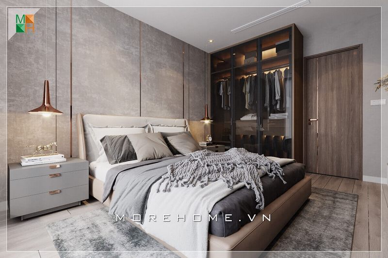 Tủ quần áo kịch trần được thiết kế bằng gỗ công nghiệp kết hợp với cửa kính cường lực giống như một cửa hiệu nhỏ, tạo nên một phong cách hiện đại và sang trọng cho căn phòng của bạn. Điều này cũng giúp bạn cất giữ đồ dễ dàng hơn.